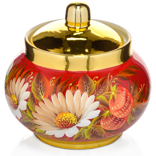 Сахарница с художественной росписью «Ромашки с клубникой в золоте» 