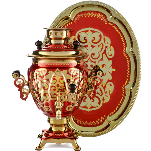 Самовар электрический 3 л. с художественной росписью «Орнамент красный» с подносом, формы «Жёлудь»