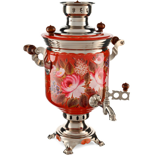 Самовар электрический 7 л с автоотключением, худ.росписью «Пионы на красном в серебре» формы «Банка»