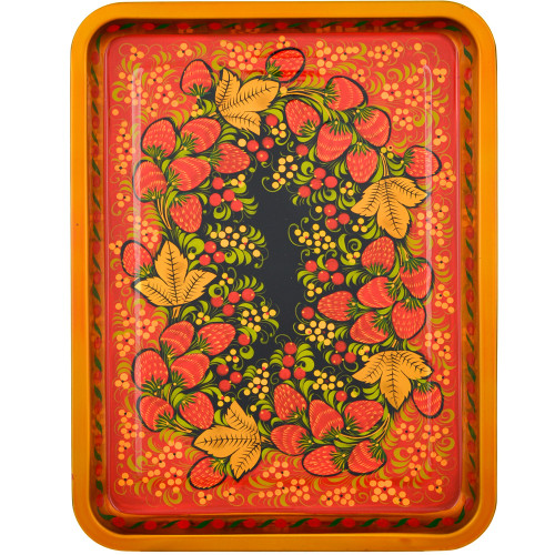 Поднос для самовара прямоугольный с художественной росписью «Клубника в зелени №2 на красном»