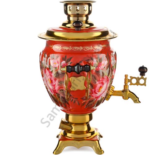 Самовар электрический 3 литра с художественной росписью «Пионы на красном в золоте» формы «Жёлудь»
