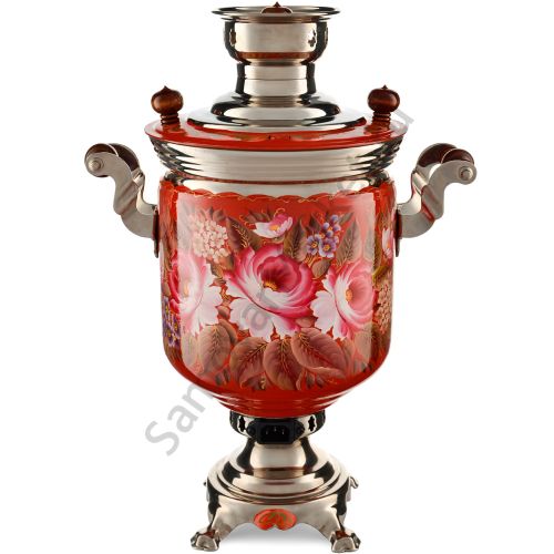 Самовар электрический 7 л с автоотключением, худ.росписью «Пионы на красном в серебре» формы «Банка»