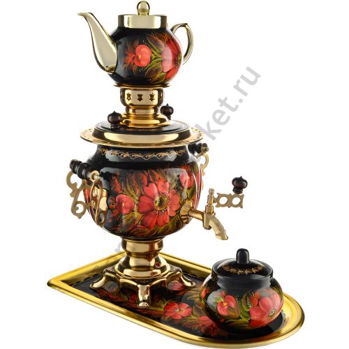 Самовар электрический 3 литра с автоотключением,худ.росписью «Маки на чёрном» формы«Овал» в наборе