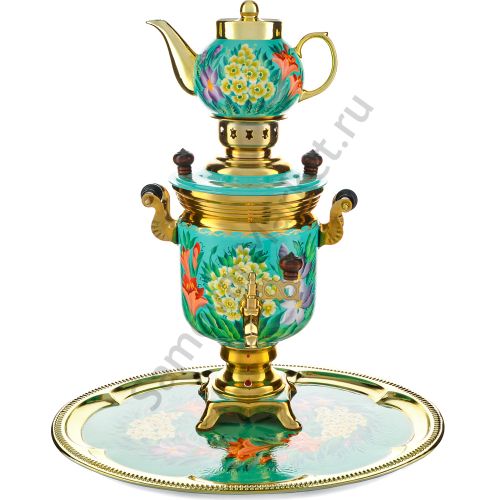 Самовар электрический 3 л. с автоотключением, худ. росписью «Весенние цветы» в наборе формы «Банка»