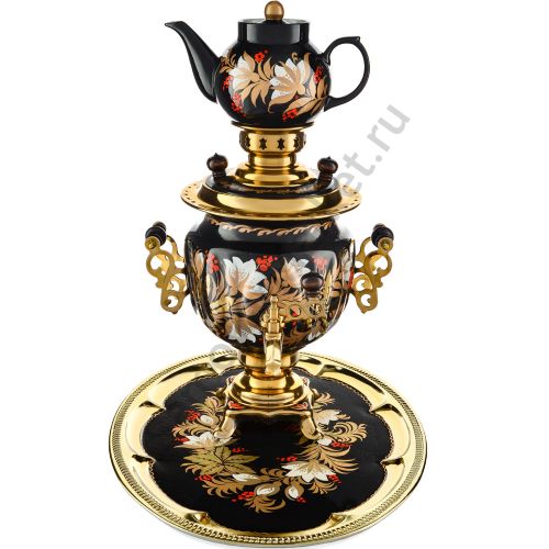 Самовар электрический 3 литра с худ.росписью «Хохлома белые цветы на чёрном» формы «Овал» в наборе