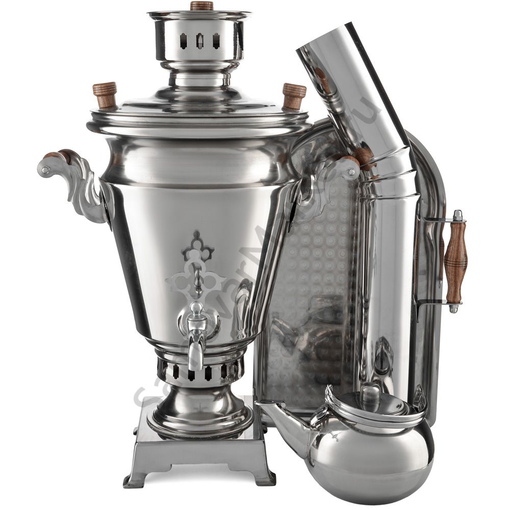 Самовар на дровах из нержавейки 5 литров формы «Рюмка» в наборе из 4 предметов ( труба в подарок) Самовар на дровах из нержавейки 5 литров формы «Рюмка» в наборе из 4 предметов ( труба в подарок)
