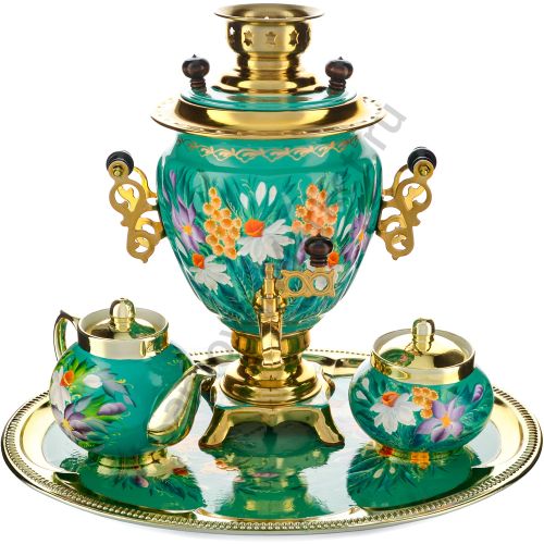 Самовар электрический 3 л. с авто.откл.,худ.росписью «Нарциссы на зелёном» в наборе, формы «Жёлудь»