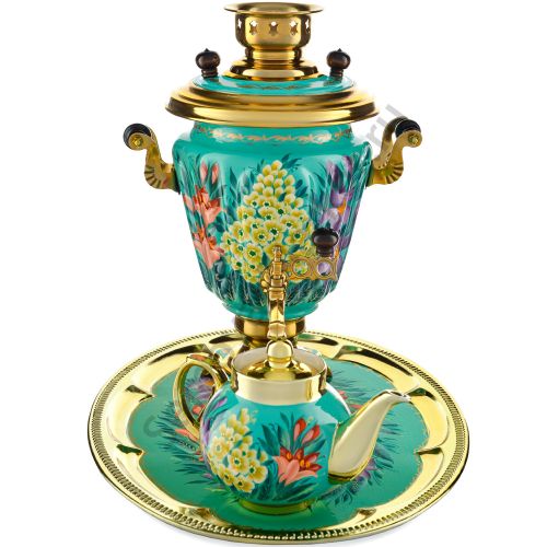 Самовар электрический 3 литра с худ. росписью «Весенние цветы в золоте» в наборе, формы «Рюмка» 