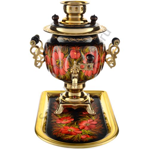 Самовар электрический 3 литра с автоотключением,худ.росписью «Маки на чёрном» формы«Овал» с подносом