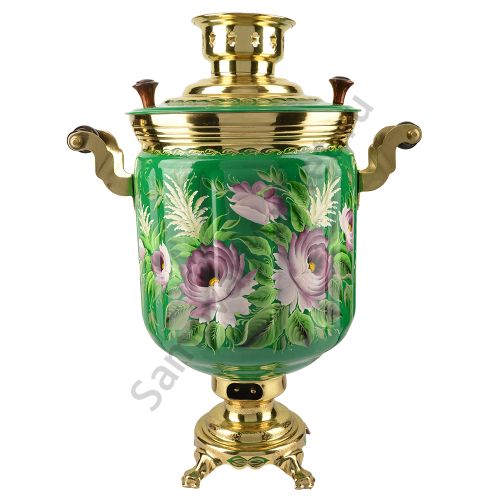 Самовар электрический 10 литров с художественной росписью «Пионы на зелёном в золоте» формы «Банка»