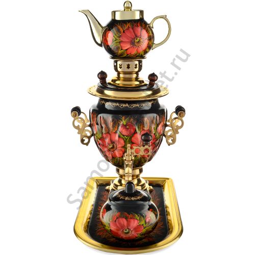 Самовар электрический 3 литра с художественной росписью «Маки на чёрном» формы «Жёлудь» в наборе