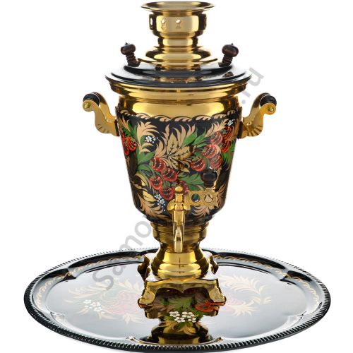 Самовар электрический 4 литра художественной росписью «Хохлома клубника» формы «Рюмка» с подносом