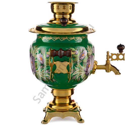 Самовар электрический 3 л.с автоотключением,худ.росписью «Пионы на зелёном в золоте» формы«Овал»