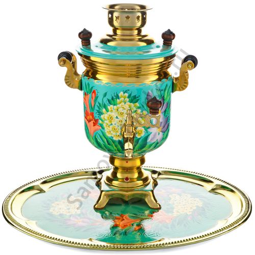 Самовар электрический 3 л. с автоотключением.,худ.росписью «Весенние цветы» с подносом формы «Банка»