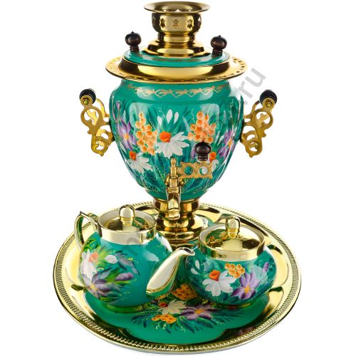 Самовар электрический 3 л. с авто.откл.,худ.росписью «Нарциссы на зелёном» в наборе, формы «Жёлудь»