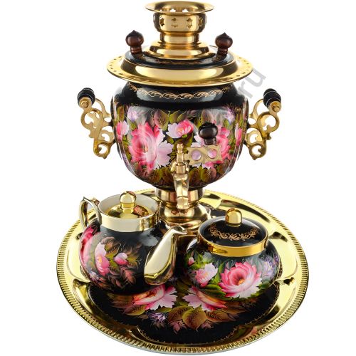 Самовар электрический 3 литра с художественной росписью «Пионы на чёрном» формы «Овал» в наборе