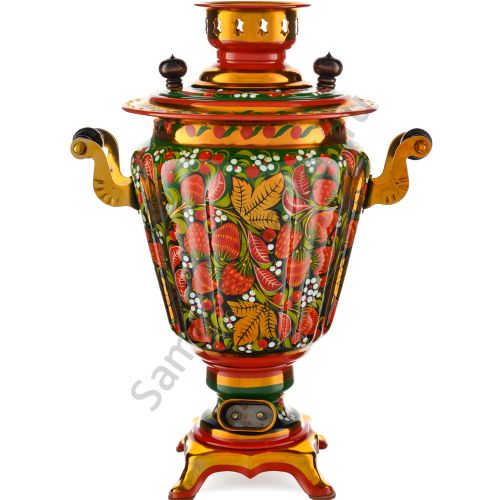 Самовар электрический 3 литра с худ. росписью «Клубника в зелени №2 на зелёном» формы «Рюмка»