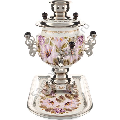 Самовар электрический 3 литра с худ. росписью «Лилии на белом в серебре» с подносом, формы «Овал»