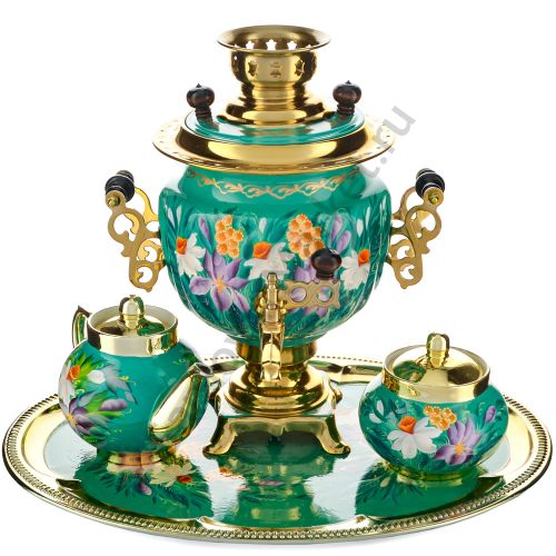 Самовар электрический 3 литра с худ. росписью «Нарциссы на зелёном в золоте» в наборе, формы «Овал» 
