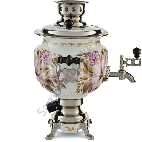 Самовар электрический 3 литра с художественной росписью «Лилии на белом в серебре» формы «Овал»