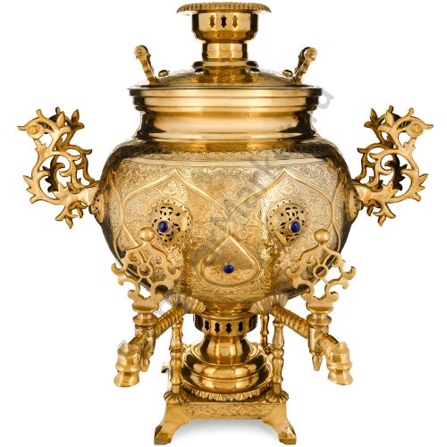 Самовар буфетный на дровах 60 л. формы«Шар»два крана на скульптурных стойках, инкрустация«Лазуритом»