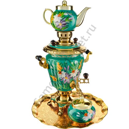 Самовар электрический 3 литра с художественной росписью «Нарциссы на зелёном» в наборе, формы «Рюмка