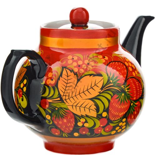 Чайник заварочный для самовара с художественной росписью «Клубника в зелени №2 на красном»
