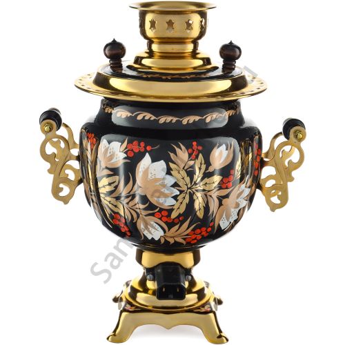 Самовар электрический 3 литра с худ. росписью «Хохлома белые цветы на чёрном» формы «Овал» 