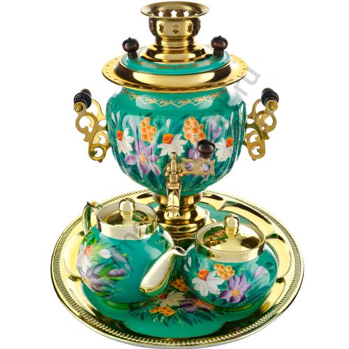 Самовар электрический 3 литра с худ. росписью «Нарциссы на зелёном в золоте» в наборе, формы «Овал» 