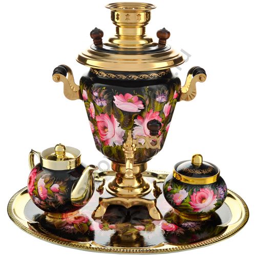 Самовар электрический 3 литра с художественной росписью «Пионы на чёрном» формы «Рюмка» в наборе