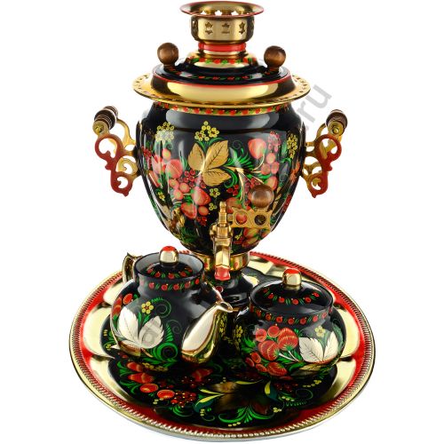 Самовар электрический 3 л с автооткл, «Хохлома с ягодами в зелени №2» формы «Жёлудь» в наборе