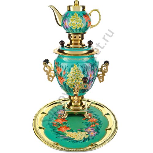 Самовар электрический 3 литра с худ. росписью «Весенние цветы в золоте» в наборе формы «Жёлудь»