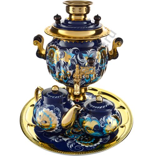 Самовар электрический 3 литра с автооткл., худ. росписью «Кудрина синяя» в наборе, формы «Овал»