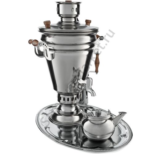 Самовар на дровах из нержавейки 5 литров формы «Конус» в наборе из 4 предметов (труба в подарок)