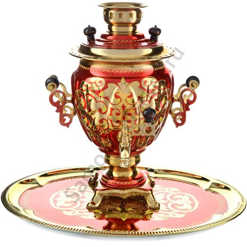 Самовар электрический 3 л. с художественной росписью «Орнамент красный» с подносом, формы «Жёлудь»