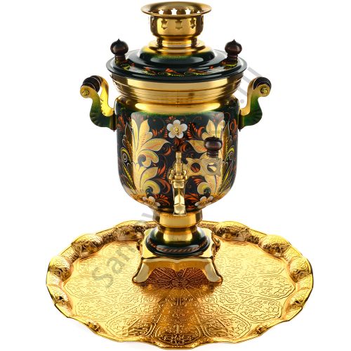 Самовар электрический 3 л. с художественной росписью «Кудрина малахитовая» с подносом, формы «Банка»