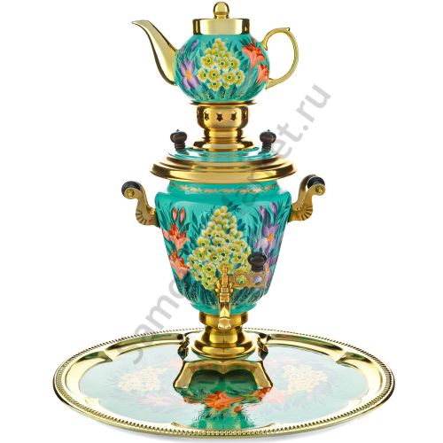 Самовар электрический 3 литра с худ. росписью «Весенние цветы в золоте» в наборе, формы «Рюмка» 