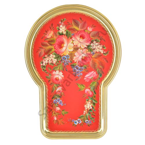 Поднос для самовара формы «Замочная скважина» с художественной росписью «Пионы на красном в золоте»