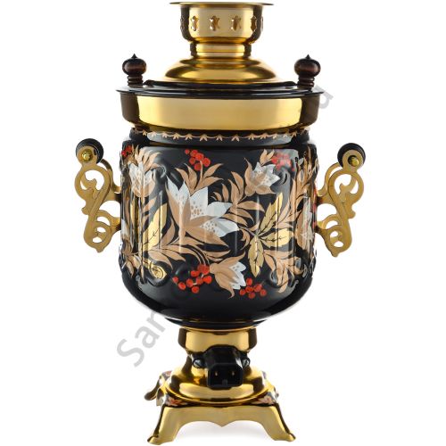 Самовар электрический 3 литра с худ. росписью «Хохлома белые цветы на чёрном» формы «Банка гранная»