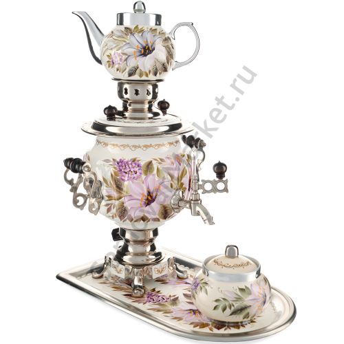 Самовар электрический 3 литра с худ. росписью «Лилии на белом в серебре» в наборе,  формы «Овал»