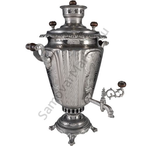 Самовар антикварный на дровах 6,5 литров формы «Рюмка гранная»с трубой, с узором, травление по никел