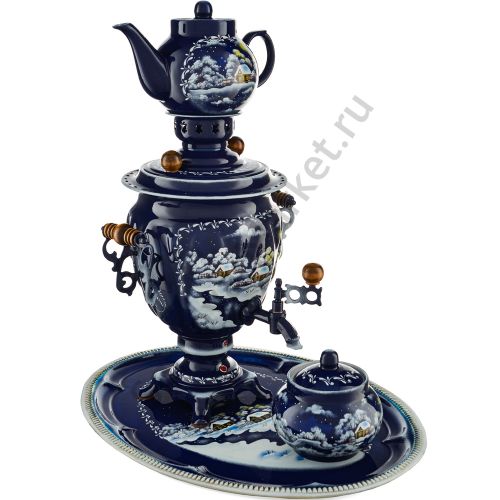 Самовар электрический 3 л. с автооткл. худ.росписью «Зима» формы «Жёлудь» в наборе из 4 предметов