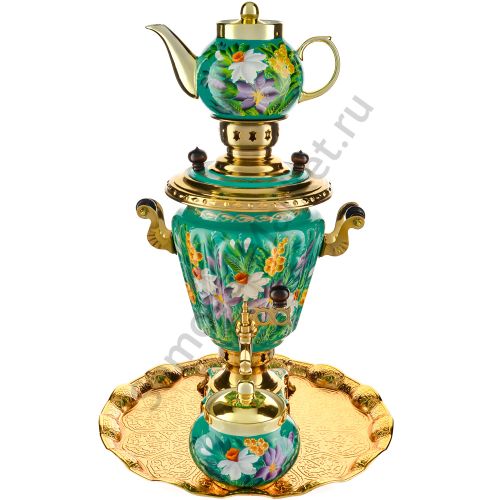 Самовар электрический 3 литра с художественной росписью «Нарциссы на зелёном» в наборе, формы «Рюмка