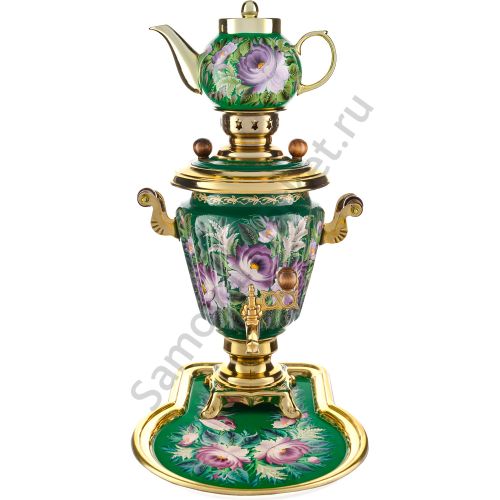 Самовар электрический 3 литра с художественной росписью «Пионы на зелёном» в наборе, формы «Рюмка»