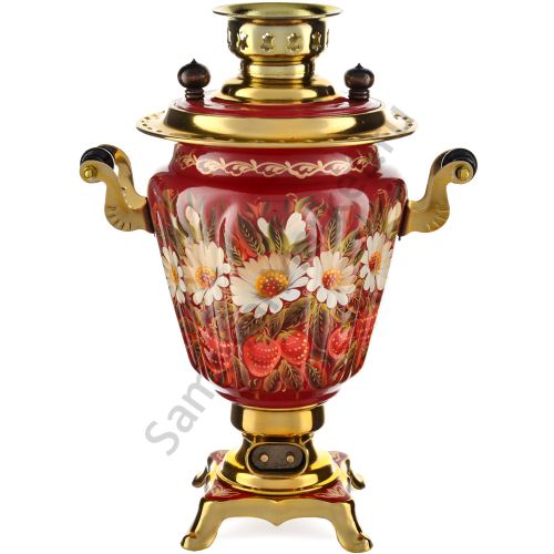 Самовар электрический 3 литра с худ. росписью «Ромашки с клубникой в золоте» формы «Рюмка» 