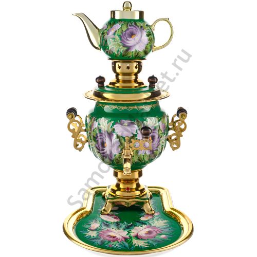 Самовар электрический 3 л.с автоотключением,худ.росписью «Пионы на зелёном» в наборе, формы«Овал»