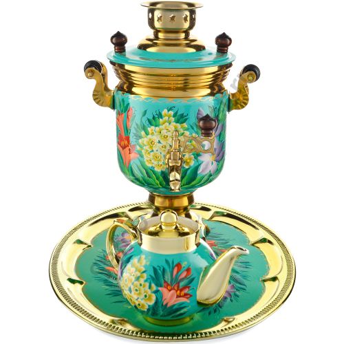 Самовар электрический 3 л. с автоотключением, худ. росписью «Весенние цветы» в наборе формы «Банка»