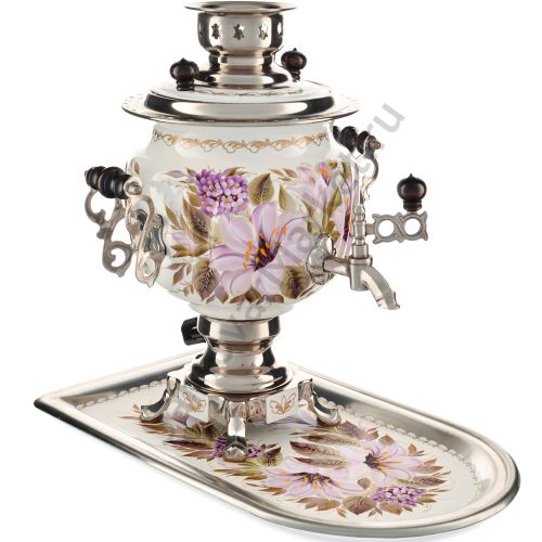 Самовар электрический 3 литра с худ. росписью «Лилии на белом в серебре» с подносом, формы «Овал»