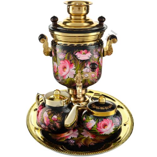 Самовар электрический 3 литра с худ. росписью «Пионы на чёрном в золоте» формы «Банка» в наборе