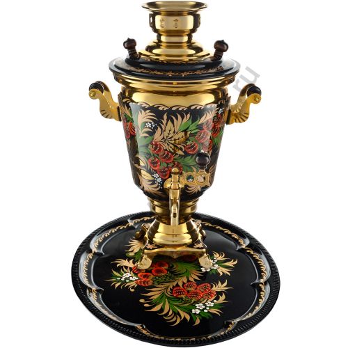 Самовар электрический 4 литра художественной росписью «Хохлома клубника» формы «Рюмка» с подносом